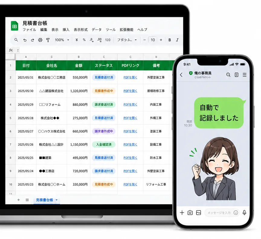 スプレッドシートの台帳に自動で記録された画面とLINEの通知